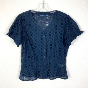 Mast & Harbour Eyelet Peplum Top Women's Size S Blue Cotton Puff Sleeves